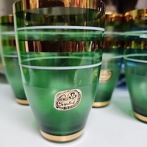 Czechoslovakia Bohemia Crystal Green and Gold Shot Glasses